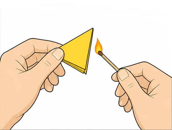 A folded yellow talisman being respectfully burned with a match