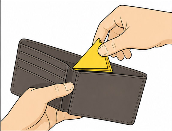 A folded yellow talisman being placed inside a wallet